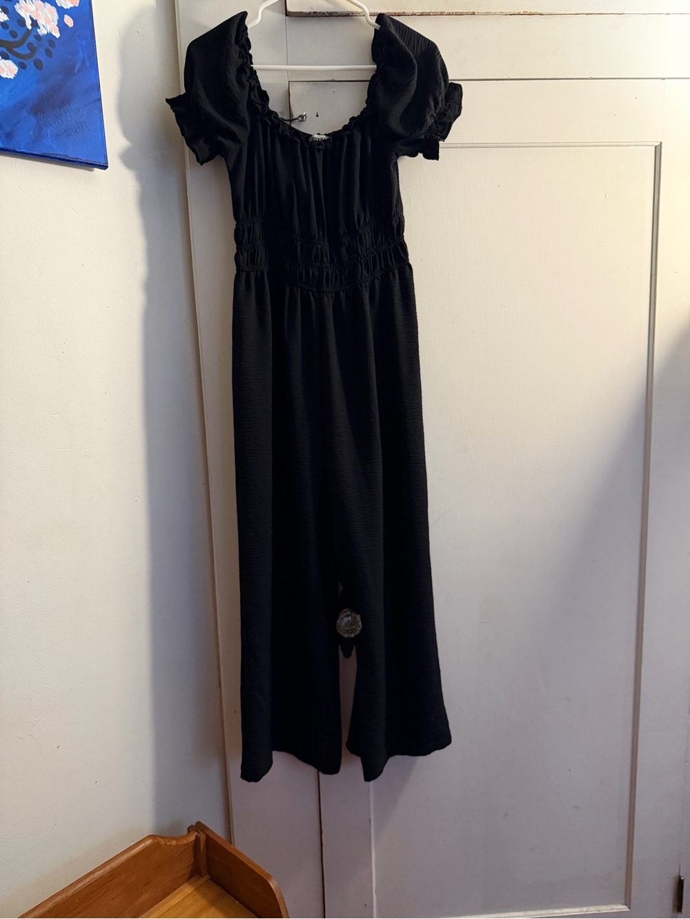 Inspired Hearts Black Puff-Sleeve Smocked-Waist Jumpsuit